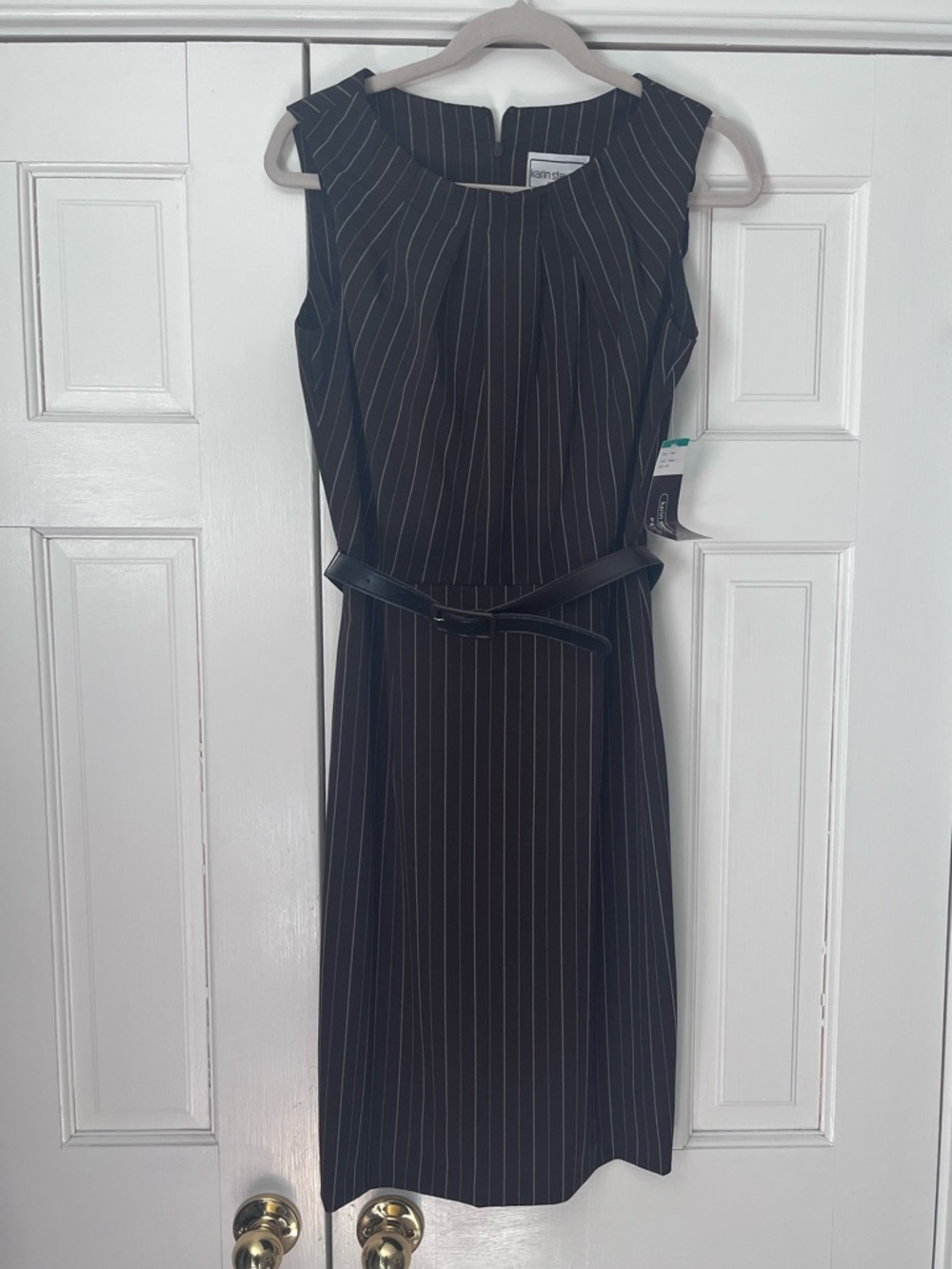 Karin Stevens Pinstripe Belted Shift Dress Brown Petite 10P